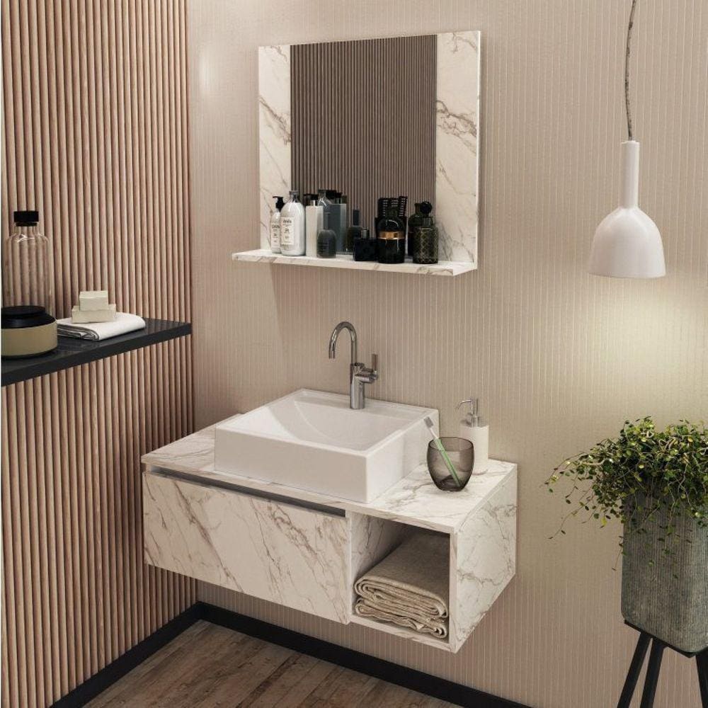 Conjunto Suspenso para Banheiro com Espelheira 80cm Branco