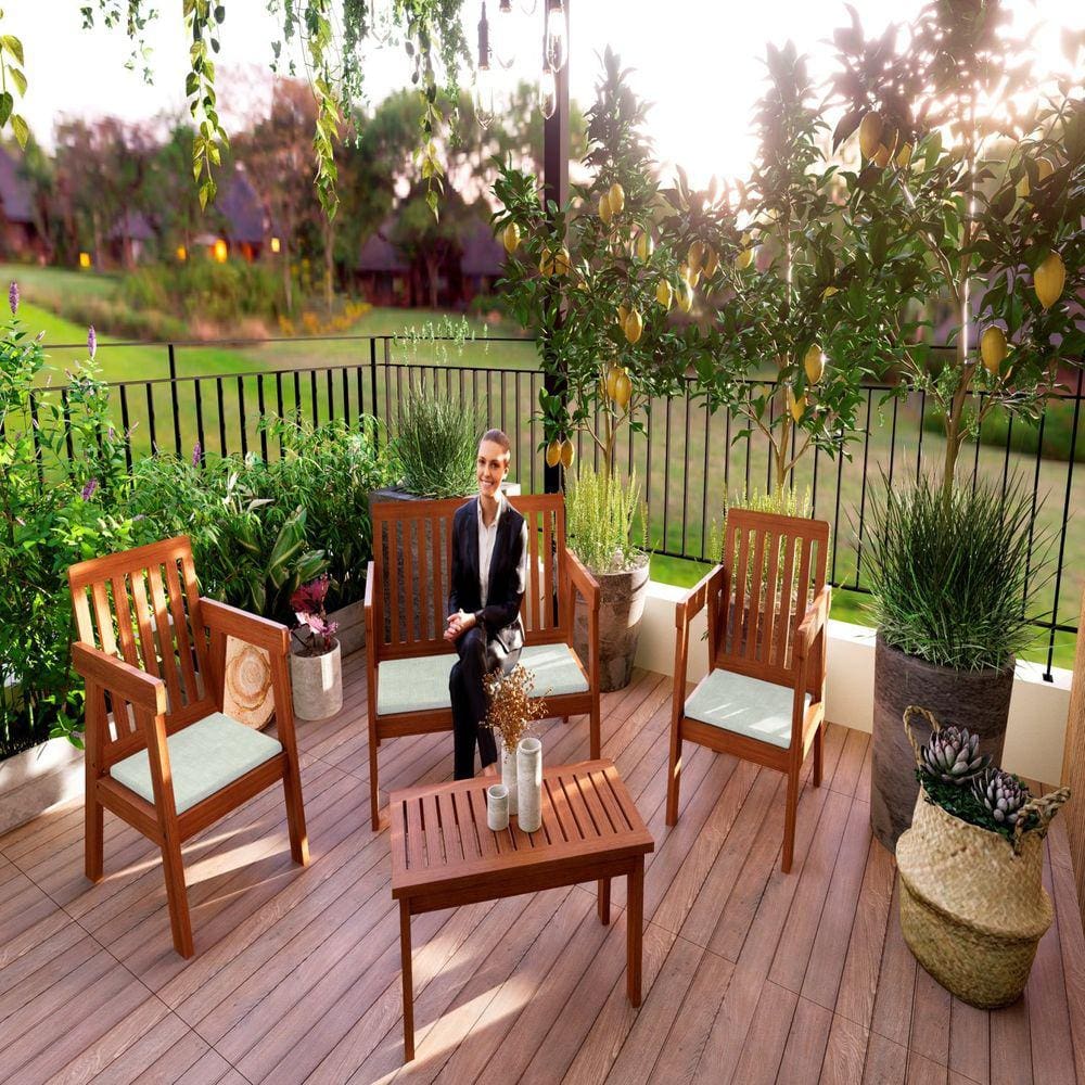Conjunto para Jardim 4 Peças 3 Poltronas 1 Mesa de Centro Família de Madeira Eucalipto Amadeirado/ Bege