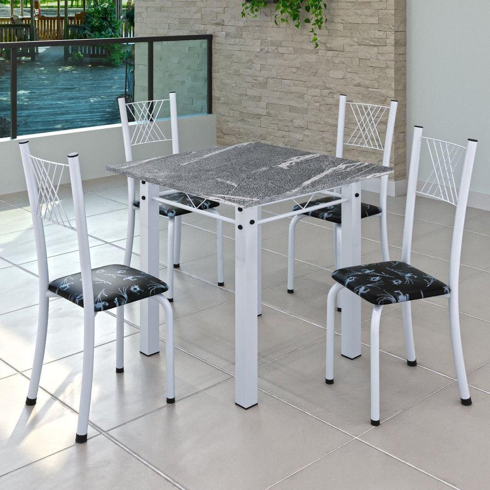 Conjunto de Jantar Mesa 70x70cm Tampo de Granito Topázio com 4 Cadeiras Sara Yescasa Preto Floral/Branco