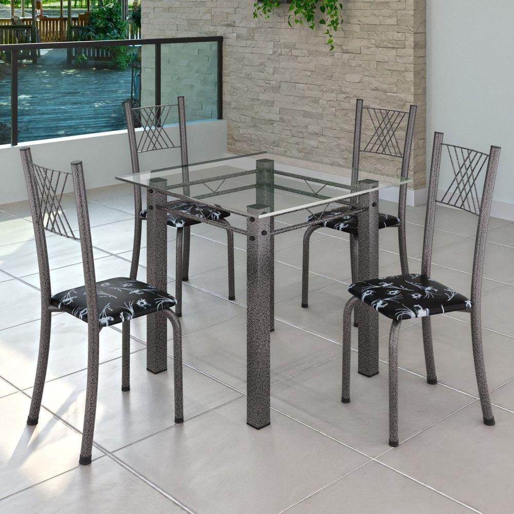 Conjunto de Jantar Mesa 75x75cm Tampo de Vidro Incolor com 4 Cadeiras Sara Yescasa Preto Floral/Mart Prata