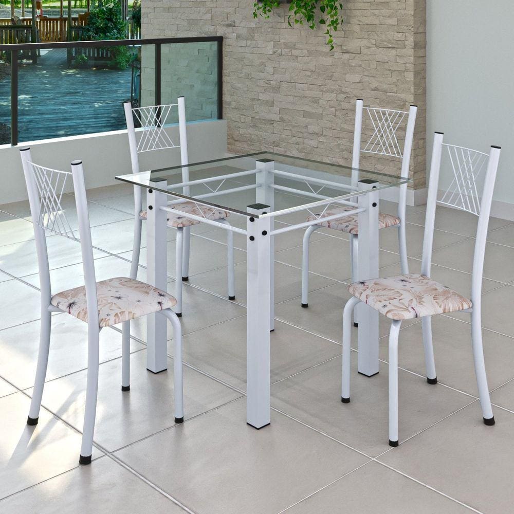 Conjunto de Jantar Mesa 75x75cm Tampo de Vidro Incolor com 4 Cadeiras Sara Yescasa Botanic Bege/Branco