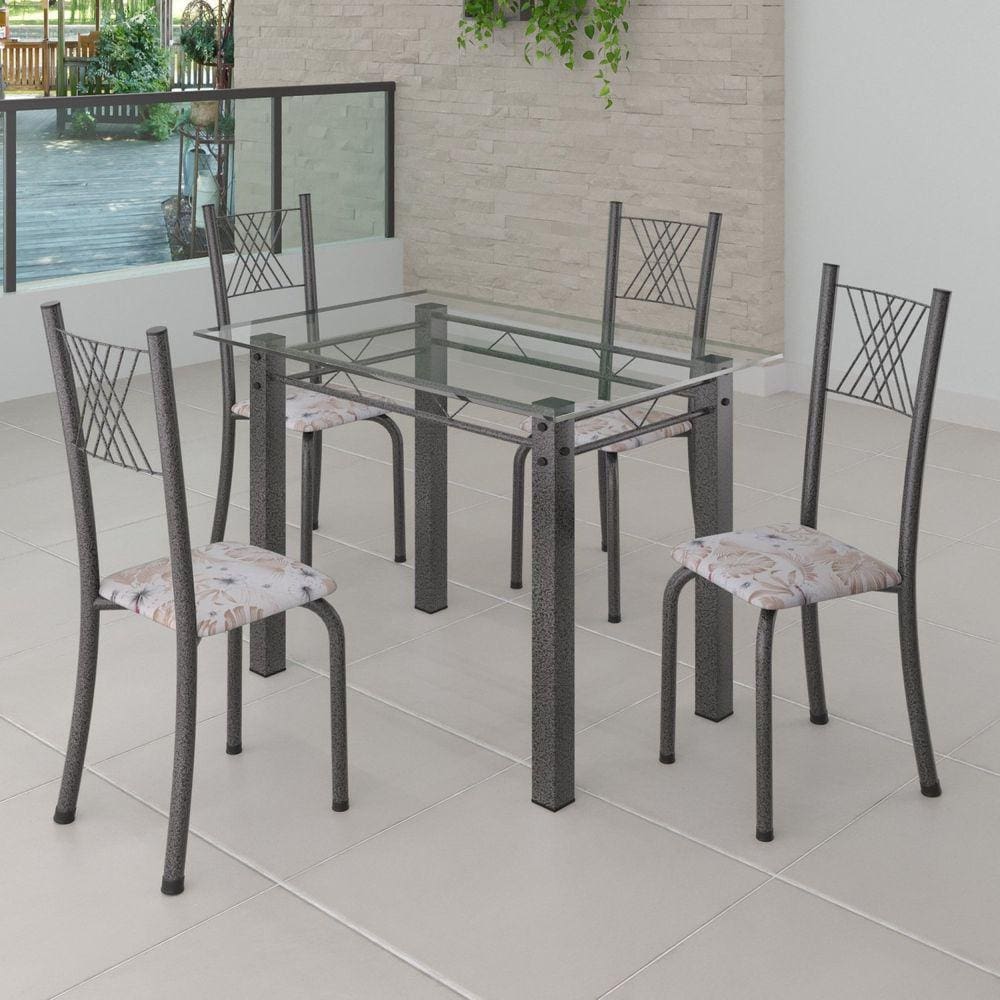 Conjunto de Jantar Mesa 100x60cm Tampo de Vidro Incolor com 4 Cadeiras Sara Yescasa Botanic Bege/Mart Prata