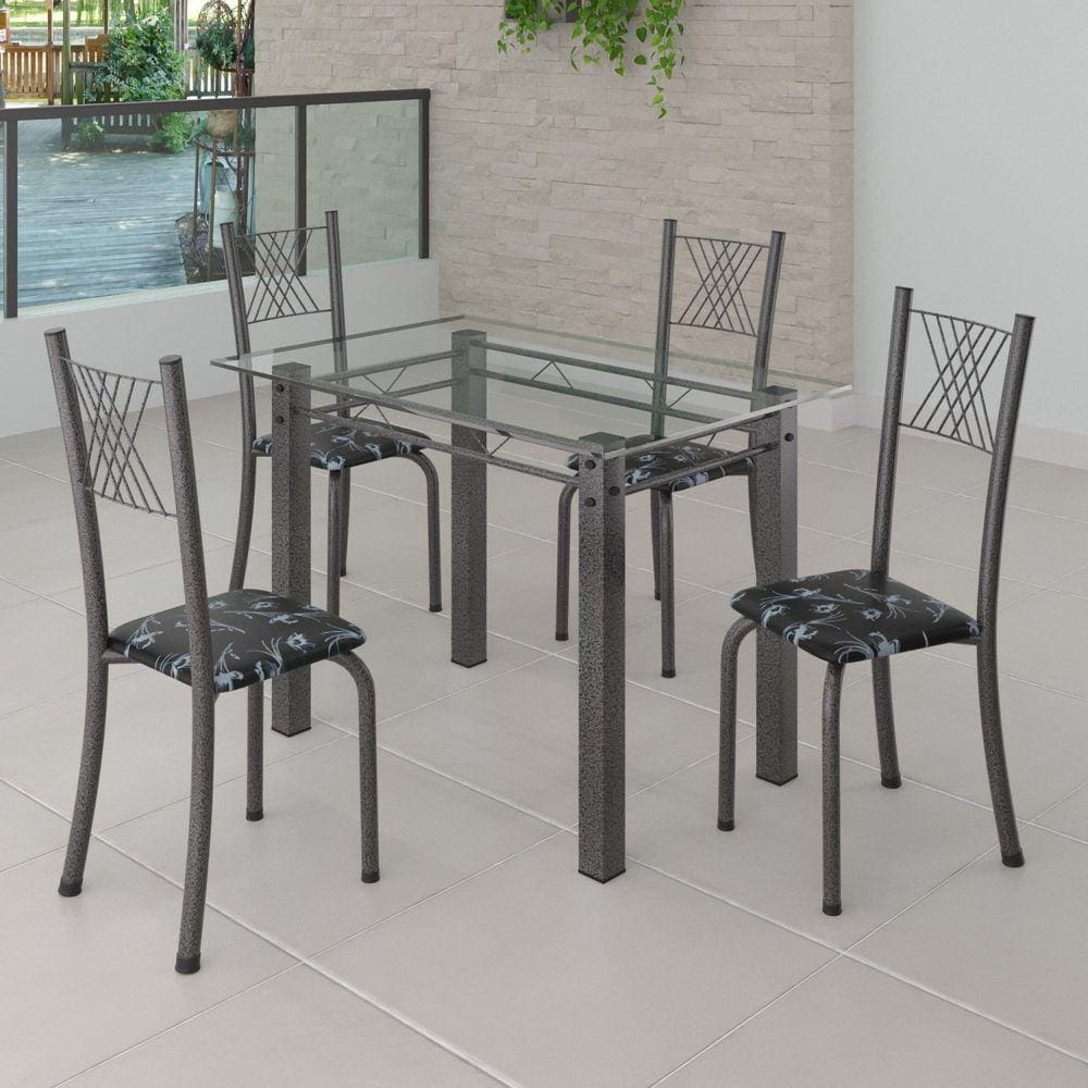 Conjunto de Jantar Mesa 100x60cm Tampo de Vidro Incolor com 4 Cadeiras Sara Yescasa Preto Floral/Mart Prata