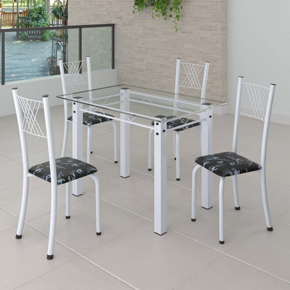 Conjunto de Jantar Mesa 100x60cm Tampo de Vidro Incolor com 4 Cadeiras Sara Yescasa Preto Floral/Branco