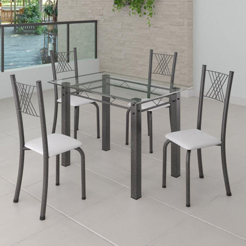 Conjunto de Jantar Mesa 100x60cm Tampo de Vidro Incolor com 4 Cadeiras Sara Yescasa Branco Liso/Mart Prata