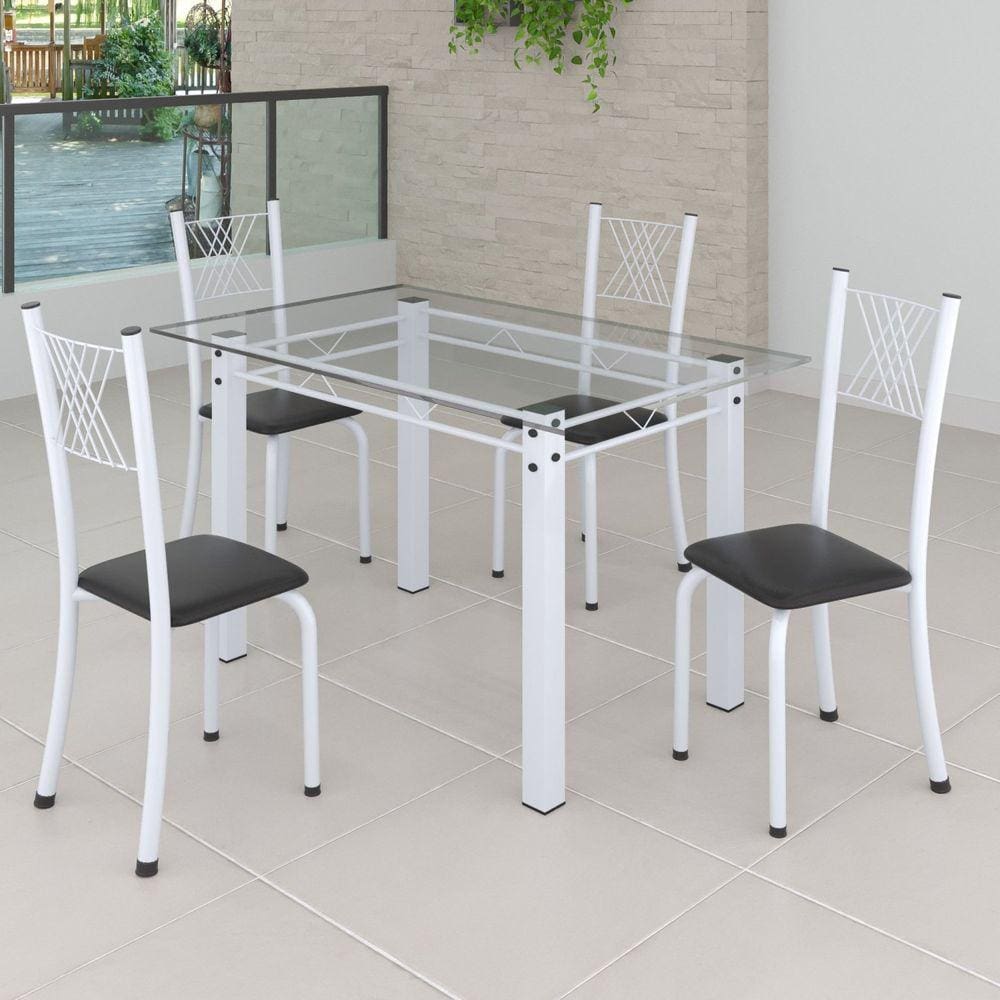 Conjunto de Jantar Mesa 120x75cm Tampo de Vidro Incolor com 4 Cadeiras Sara Yescasa Preto Liso/Branco