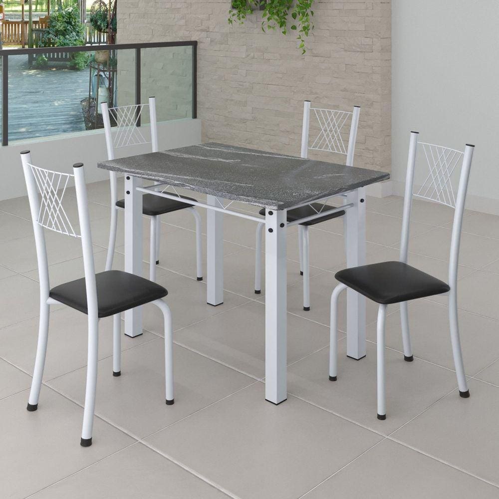 Conjunto de Jantar Mesa 100x60cm Tampo de Granito Topázio com 4 Cadeiras Sara Yescasa Preto Liso/Branco