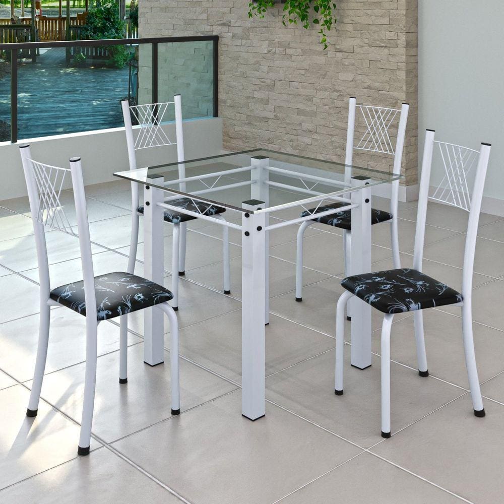 Conjunto de Jantar Mesa 75x75cm Tampo de Vidro Incolor com 4 Cadeiras Sara Yescasa Preto Floral/Branco