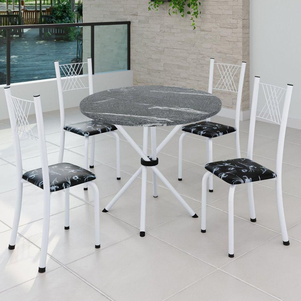 Conjunto de Jantar Mesa Tampo Redondo de Granito Topázio com 4 Cadeiras Sara Yescasa Preto Floral/Branco