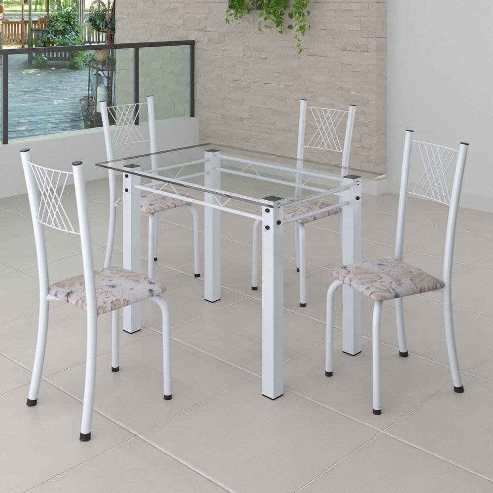 Conjunto de Jantar Mesa 100x60cm Tampo de Vidro Incolor com 4 Cadeiras Sara Yescasa Botanic Bege/Branco