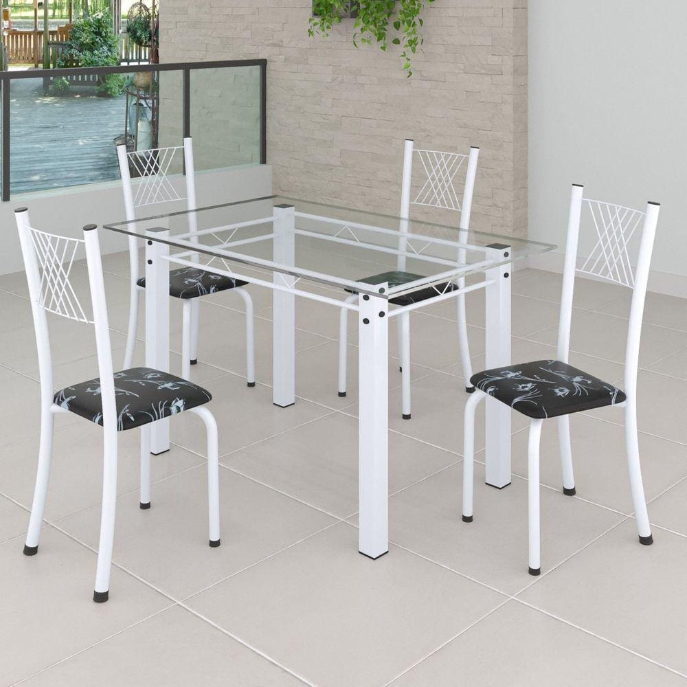 Conjunto de Jantar Mesa 120x75cm Tampo de Vidro Incolor com 4 Cadeiras Sara Yescasa Preto Floral/Branco