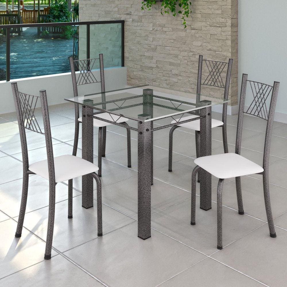 Conjunto de Jantar Mesa 75x75cm Tampo de Vidro Incolor com 4 Cadeiras Sara Yescasa Branco Liso/Mart Prata