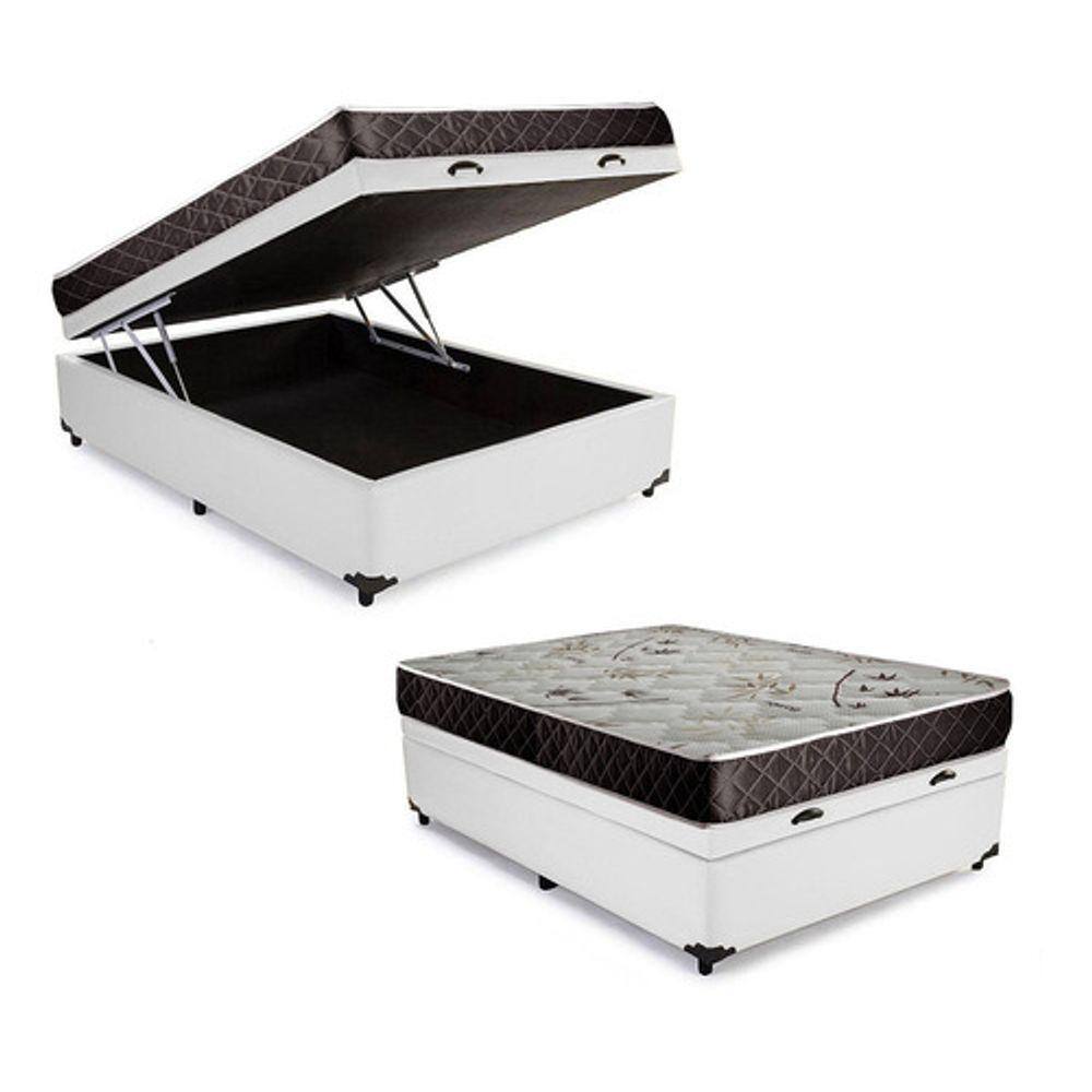 Cama Box Baú Casal Conforto Sintético Branco + Colchão Casal Conforto Espuma D33 28x138x188