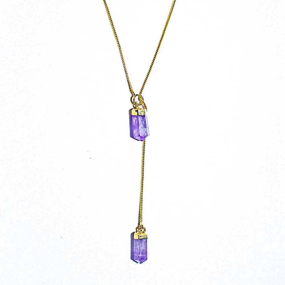 Colar Gravata Pedra Ametista Micro Ponta Natural Dourado 136879