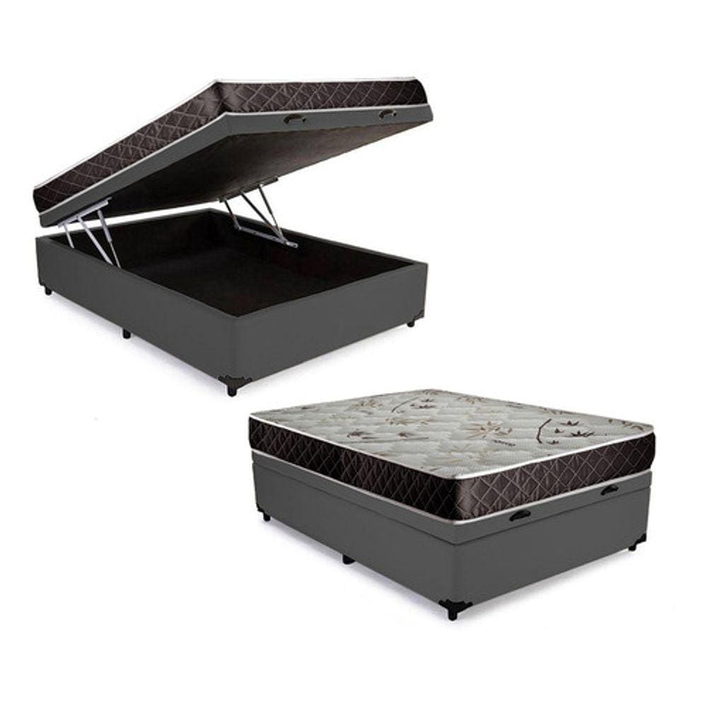 Cama Box Baú Casal Conforto Sintético Cinza + Colchão Casal Conforto Espuma D33 16x138x188