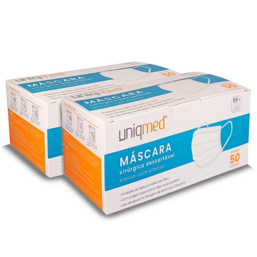 Máscaras Descartáveis Tripla Clipe Nasal Kit 100Un Uniqmed