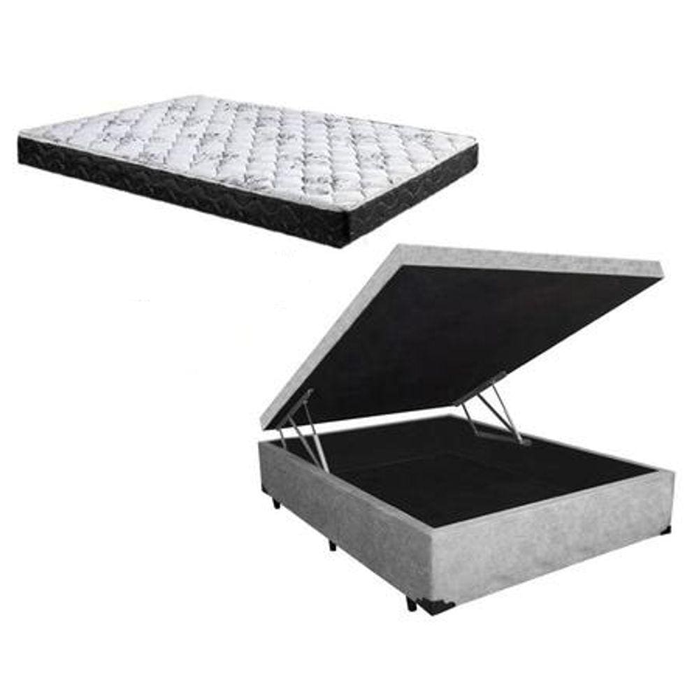 Cama Box Baú Casal Conforto Sintético Cinza + Colchão Casal Conforto Espuma D23 Com EPS 17x138x188