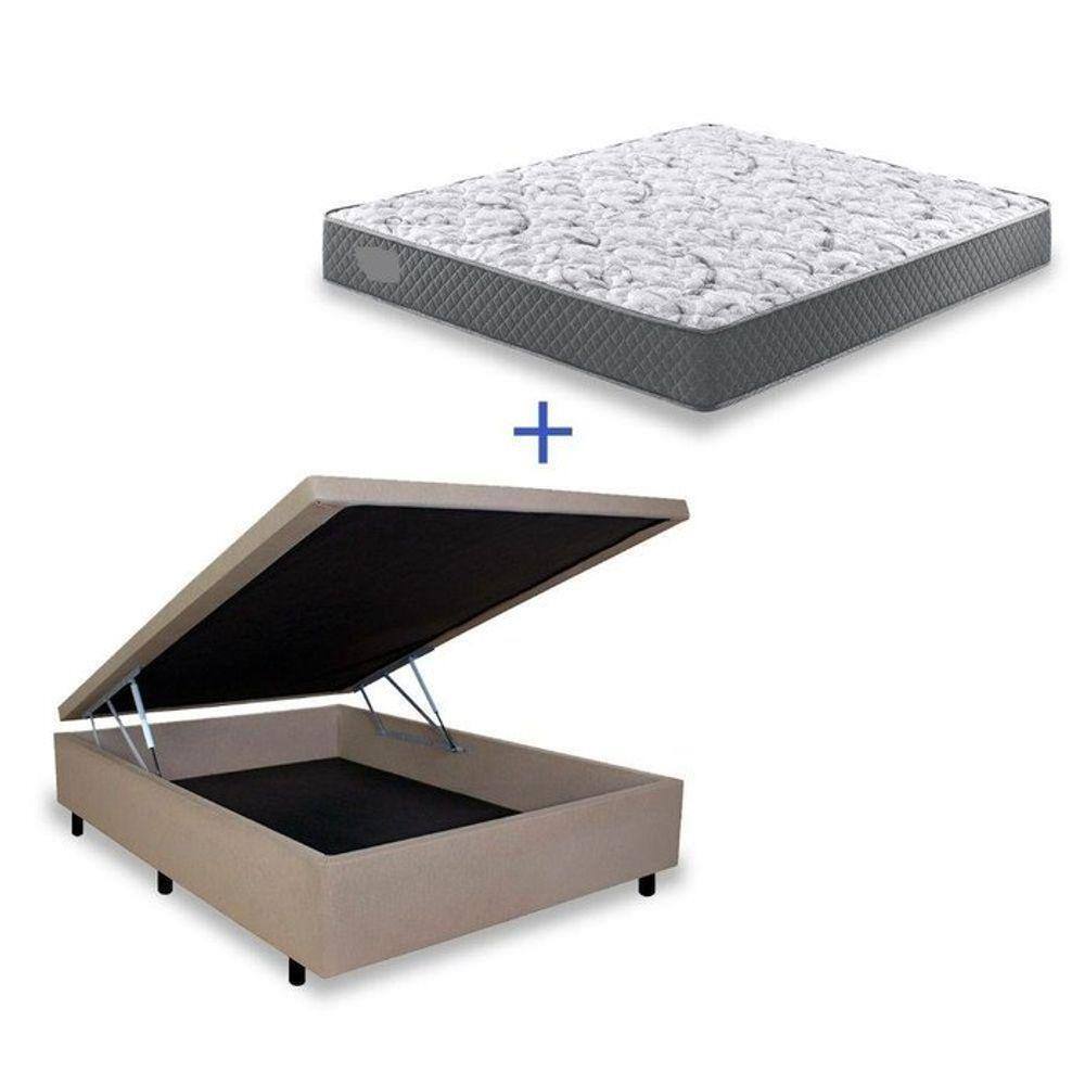 Cama Box Baú Casal Conforto Suede Bege + Colchão Casal Conforto Espuma D33 Com EPS 24x138x188