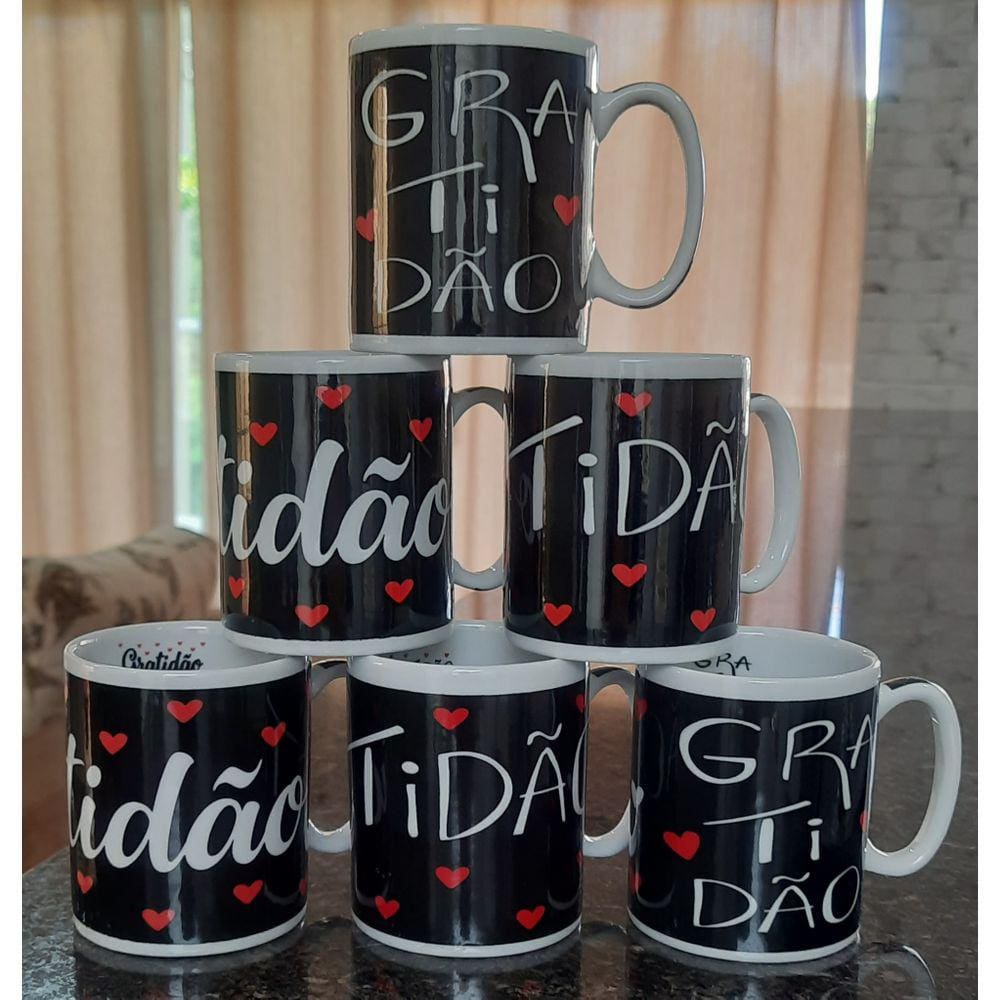 Kit 6 Canecas 300ml - GRATIDÃO - Porcelana - Decoração caneca completa - Preto