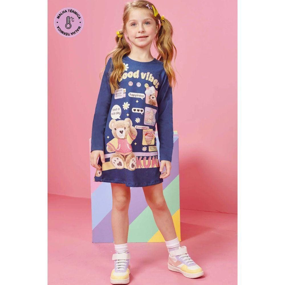 Vestido Infantil Manga Longa Good Vibes Estampado Kukiê Ref: 63958 3/6