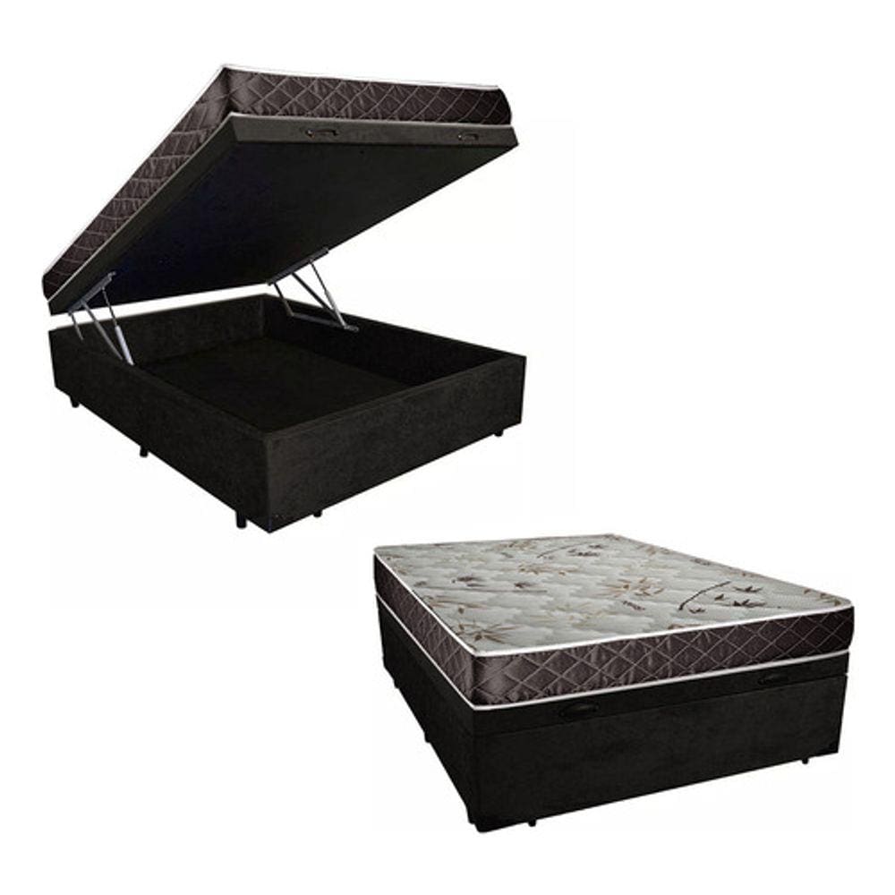 Cama Box Baú Casal Resistence Suede Preto + Colchão Casal Resistence Espuma D33 28x138x188