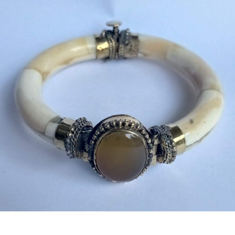 Pulseira Indiana Osso e Pedra Calcedônia Amarela Natural
