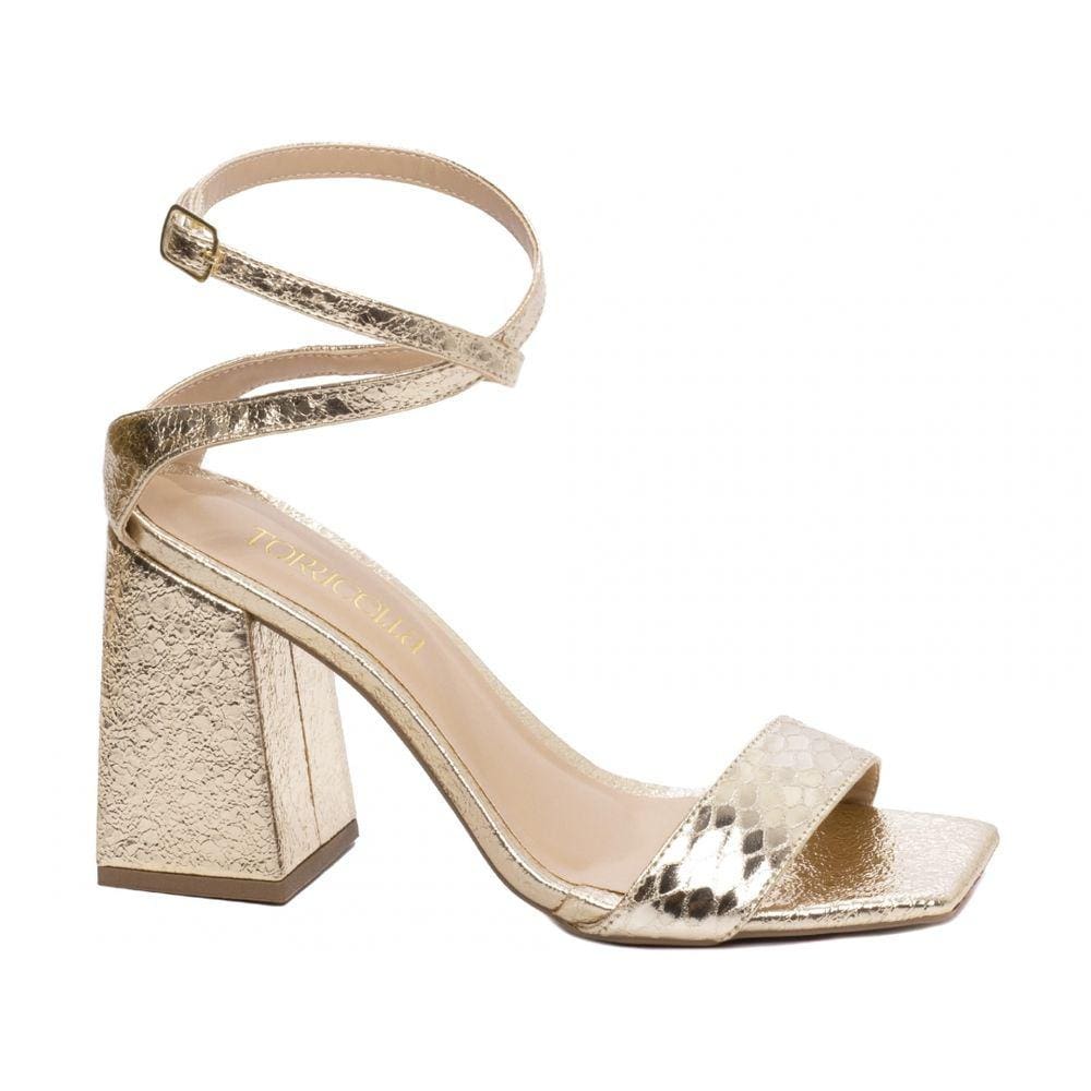 Sandália Feminina Salto Grosso Bloco Metal Dourado Amarelo Torricella