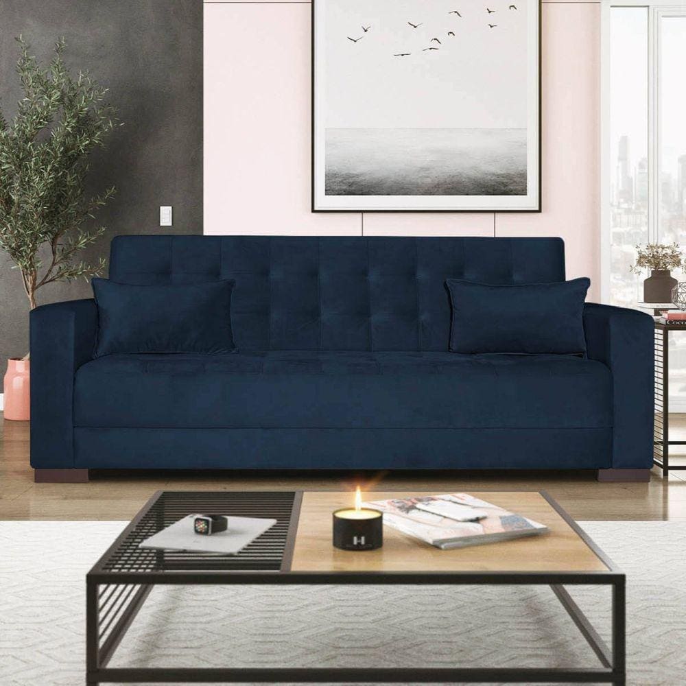 Sofá Cama 3 Lugares Suede Ipanema Azul Marinho