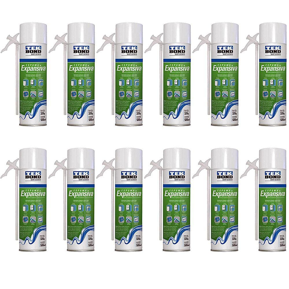 Kit 12 Espuma Expansiva Vedação Isolamento Selante Preenchimento 320g/500ml - Tekbond