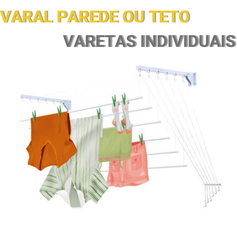 Varal de Parede e Teto Suspenso Seis Varetas Individuais em Aço - Branco Altura Regulável Secalux