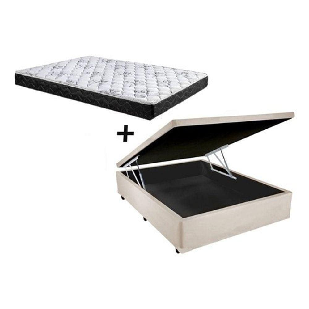 Cama Box Baú Casal Conforto Suede Bege + Colchão Casal Conforto Espuma D33 17x138x188