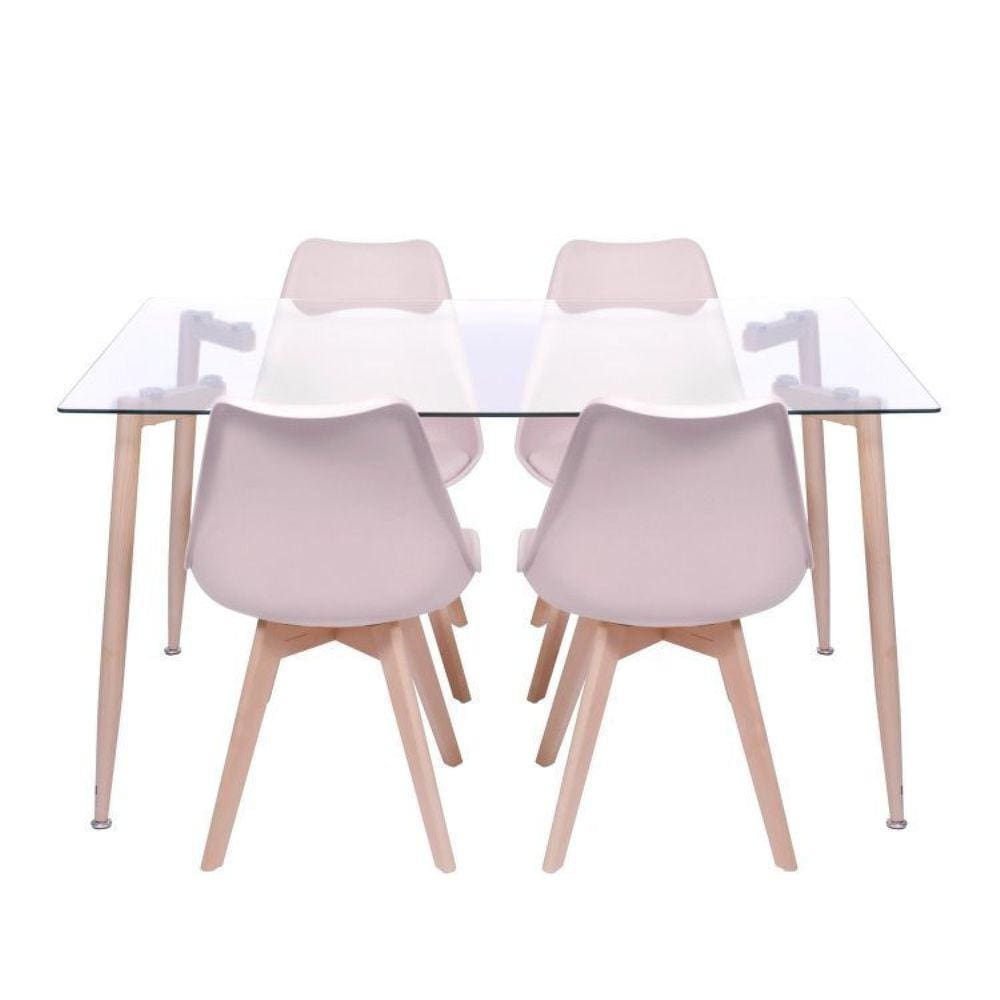 Conjunto de Sala de Jantar Mesa com Tampo de Vidro com 4 Cadeiras sem Braço OR Design Cinza