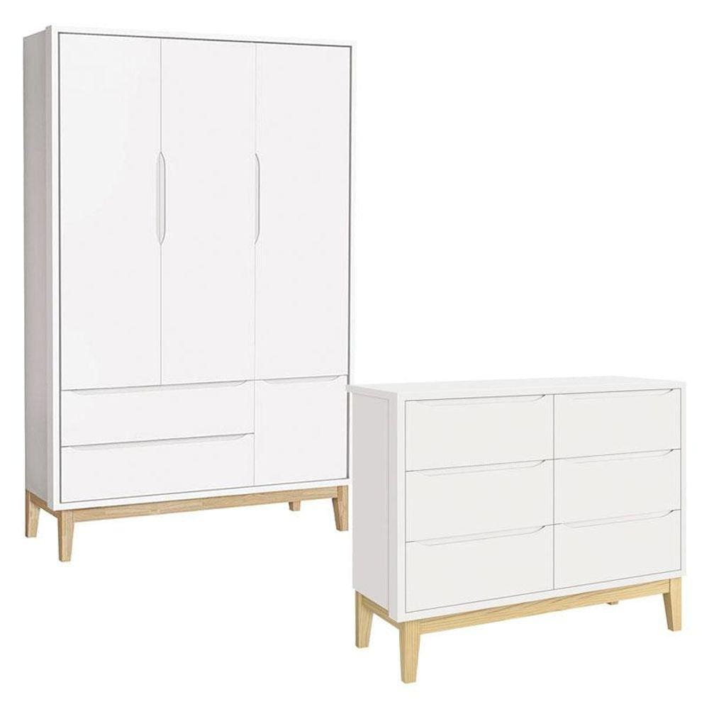 Cômoda 6 Gavetas e Guarda Roupa 3 Portas New Classic Branco com Pés Madeira Natural - Reller