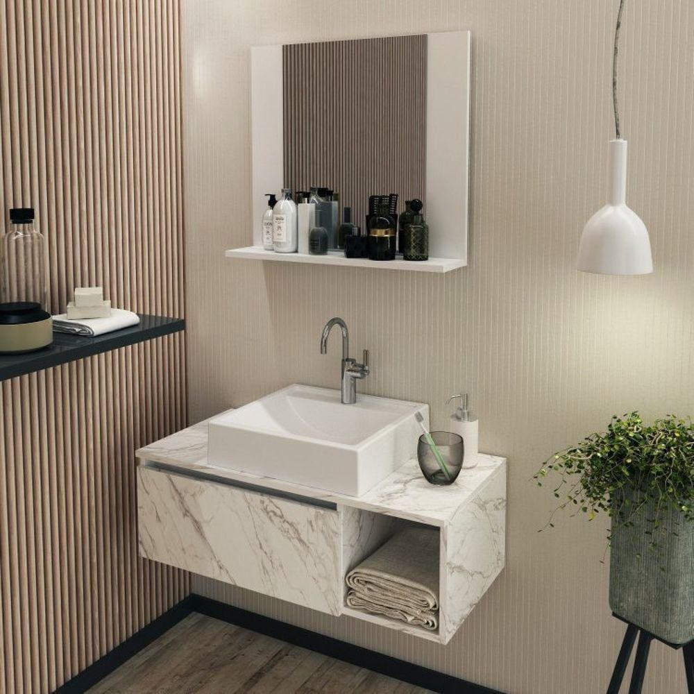 Conjunto Suspenso para Banheiro com Espelheira 80cm Branco