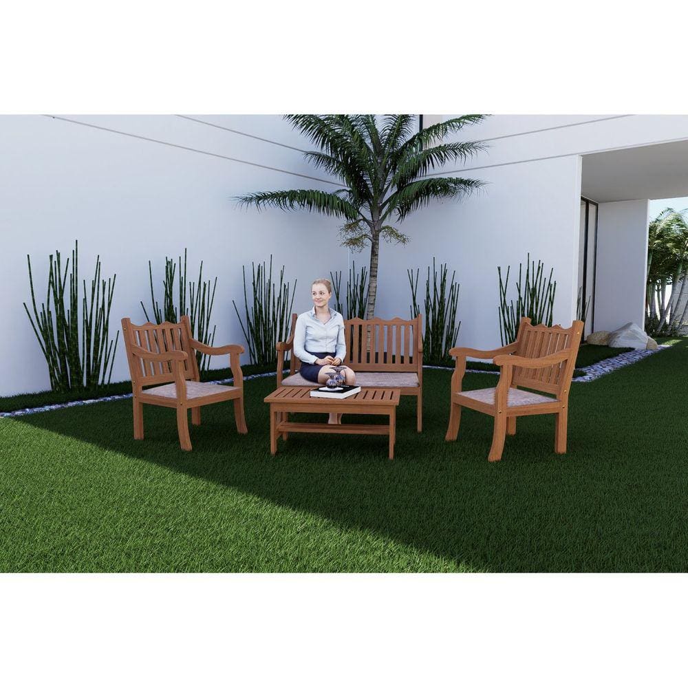 Conjunto Para Jardim Curvato de Madeira Eucalipto 4 Peças Estofado Bege Amadeirado/ Bege