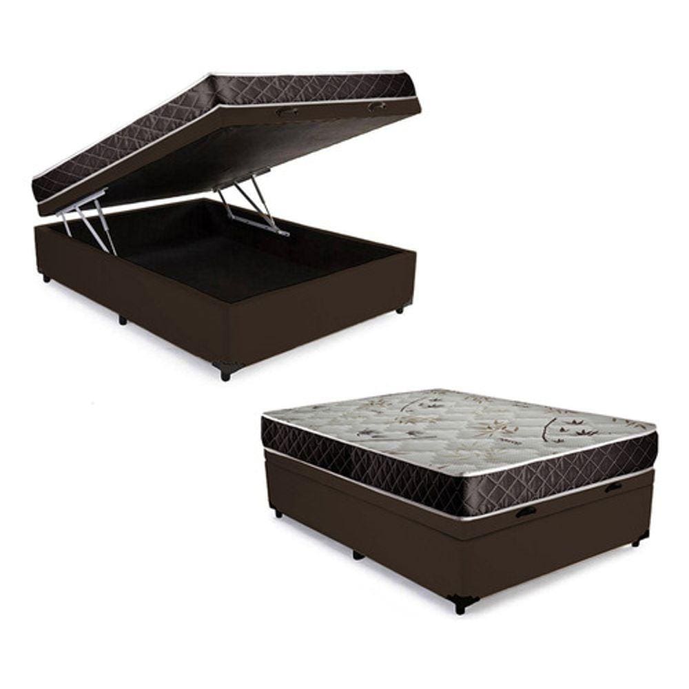 Cama Box Baú Casal Conforto Sintético Marrom + Colchão Casal Conforto Espuma D23 16x138x188
