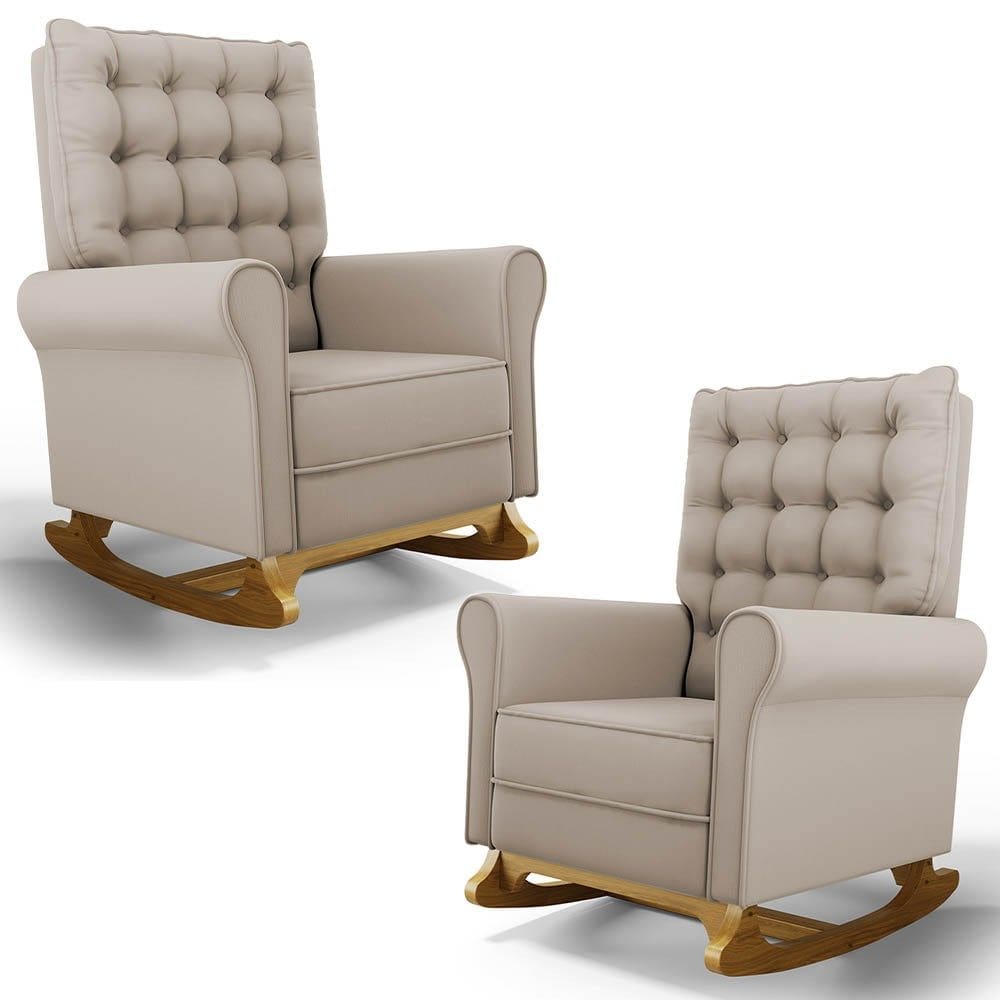 Kit 02 Poltronas de Amamentação Base Madeira Balanço Brenda G05 Veludo Bege - Mpozenato