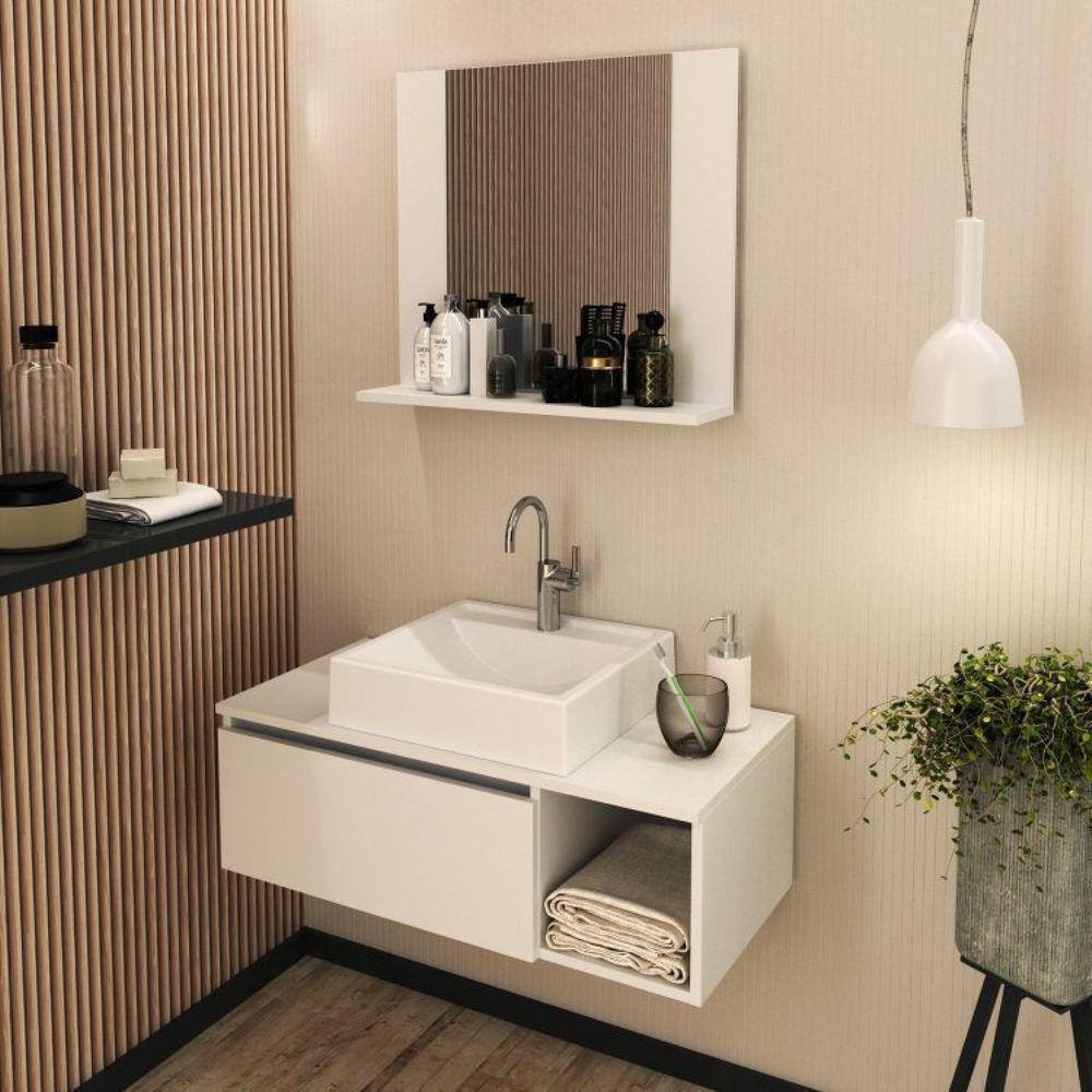 Conjunto Suspenso para Banheiro com Espelheira 80cm Branco