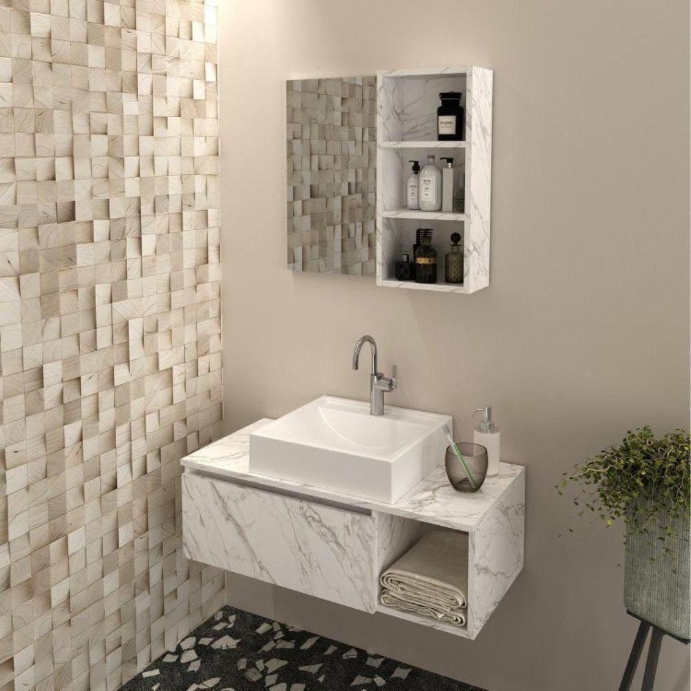 Conjunto Suspenso para Banheiro com Espelheira 80cm Branco