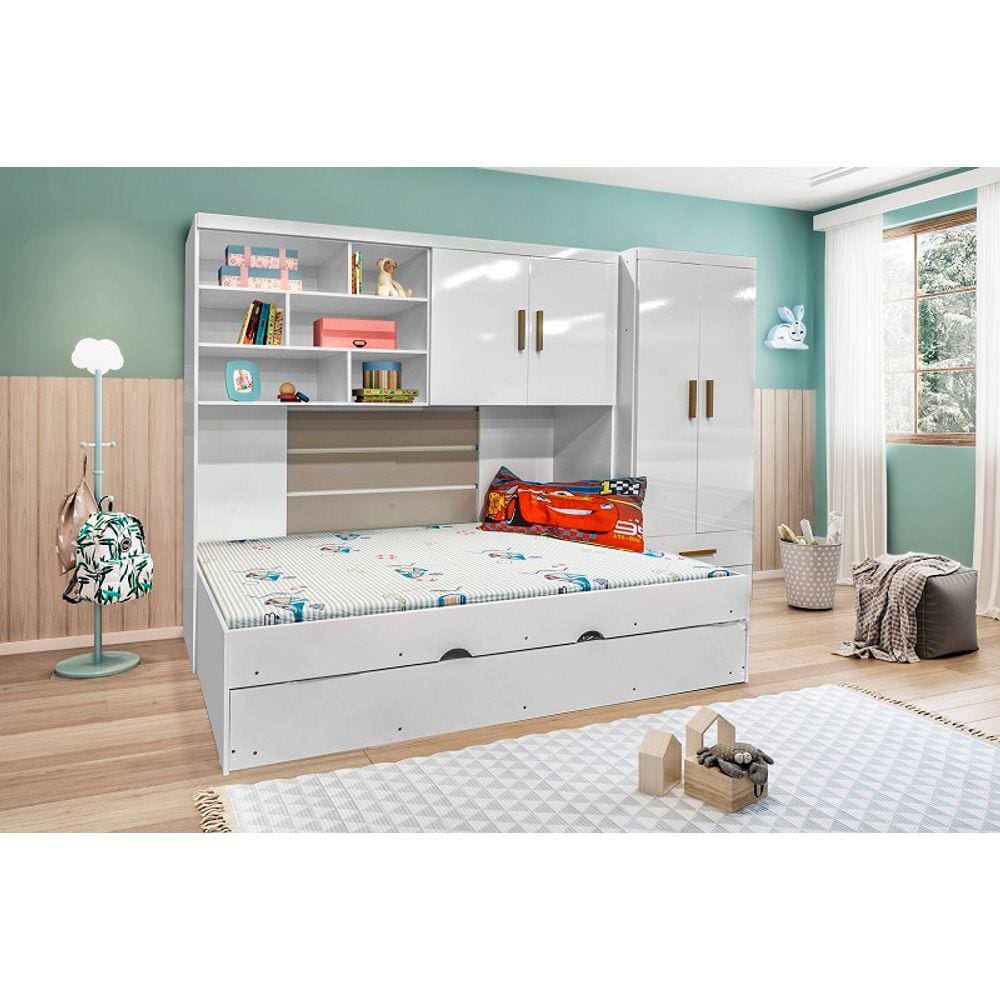 Jogo de Quarto Chiara 4 Peças - Roupeiro 2 portas, Módulo Aéreo e Cama com Auxiliar - Phoenix Baby