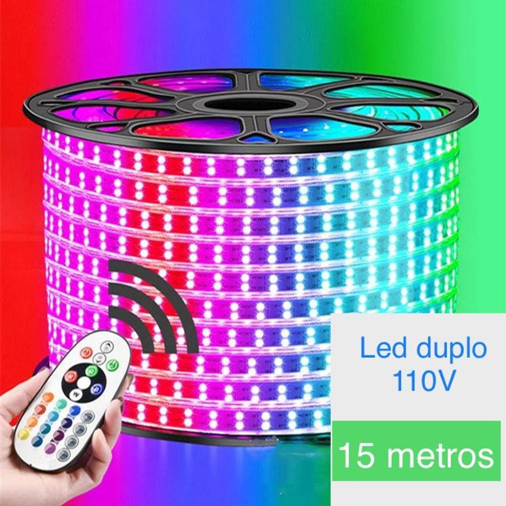 Fita led dupla mangueira chata RGB colorida 15 metros controle + fonte