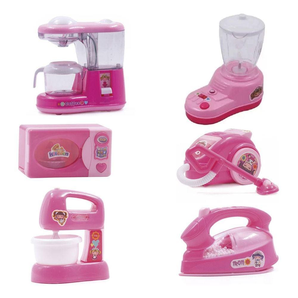 Kit Cozinha Infantil e Eletrodoméstico De Brinquedo Luz E Som Microondas Liquidificador Batedeira Mini Rosa 6 peças