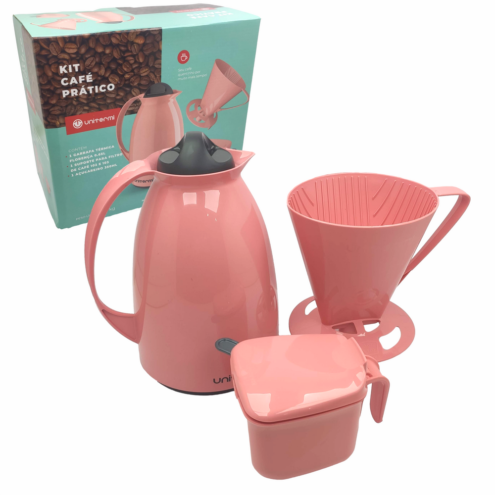 Kit Garrafa Térmica 650ml Suporte Filtro Açucareiro 350ml Conjunto Café Prático Rosa