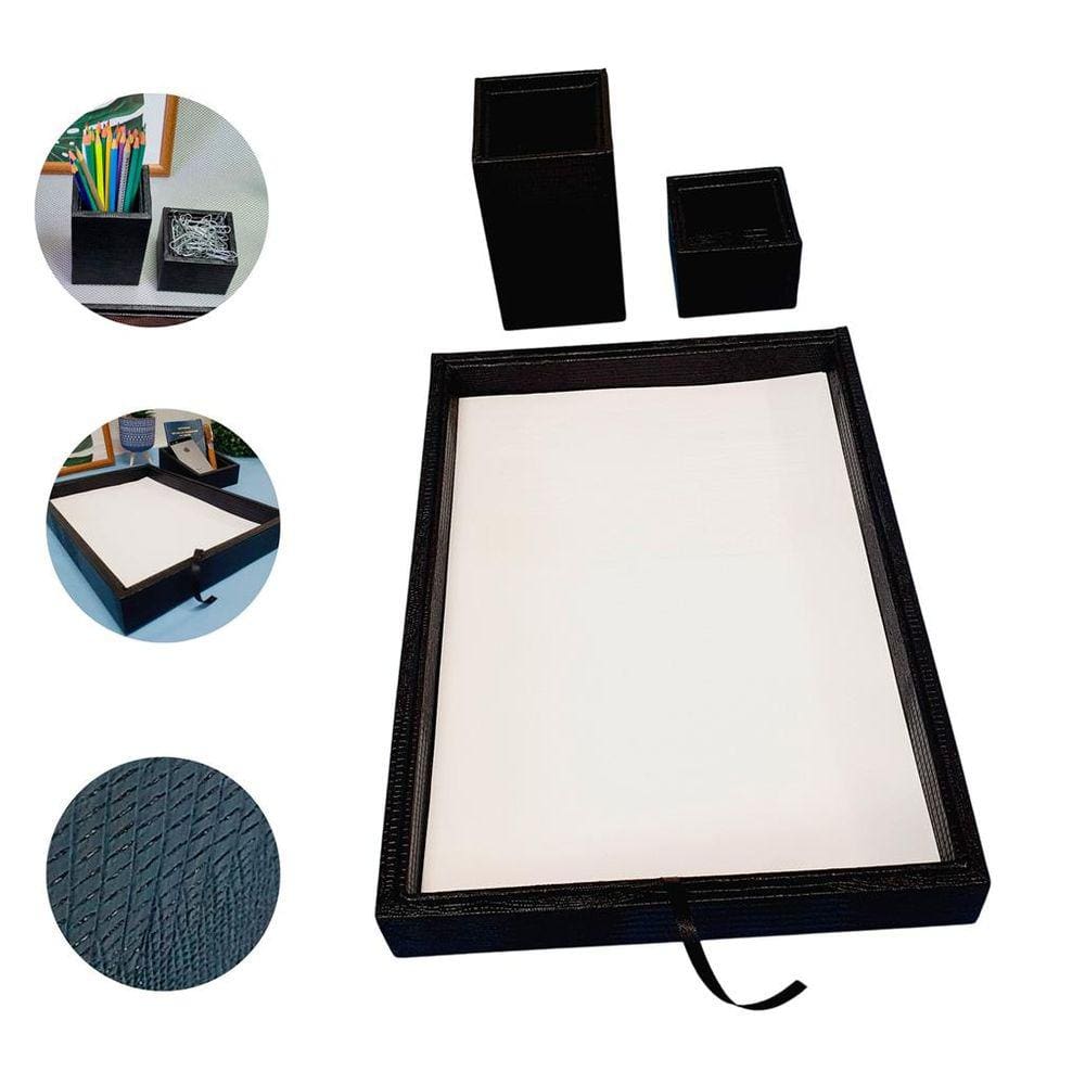 Kit Organizador 3 Peças Bandeja Porta Folha A4 Sulfite Porta Objetos Lápis Clipes Sintético