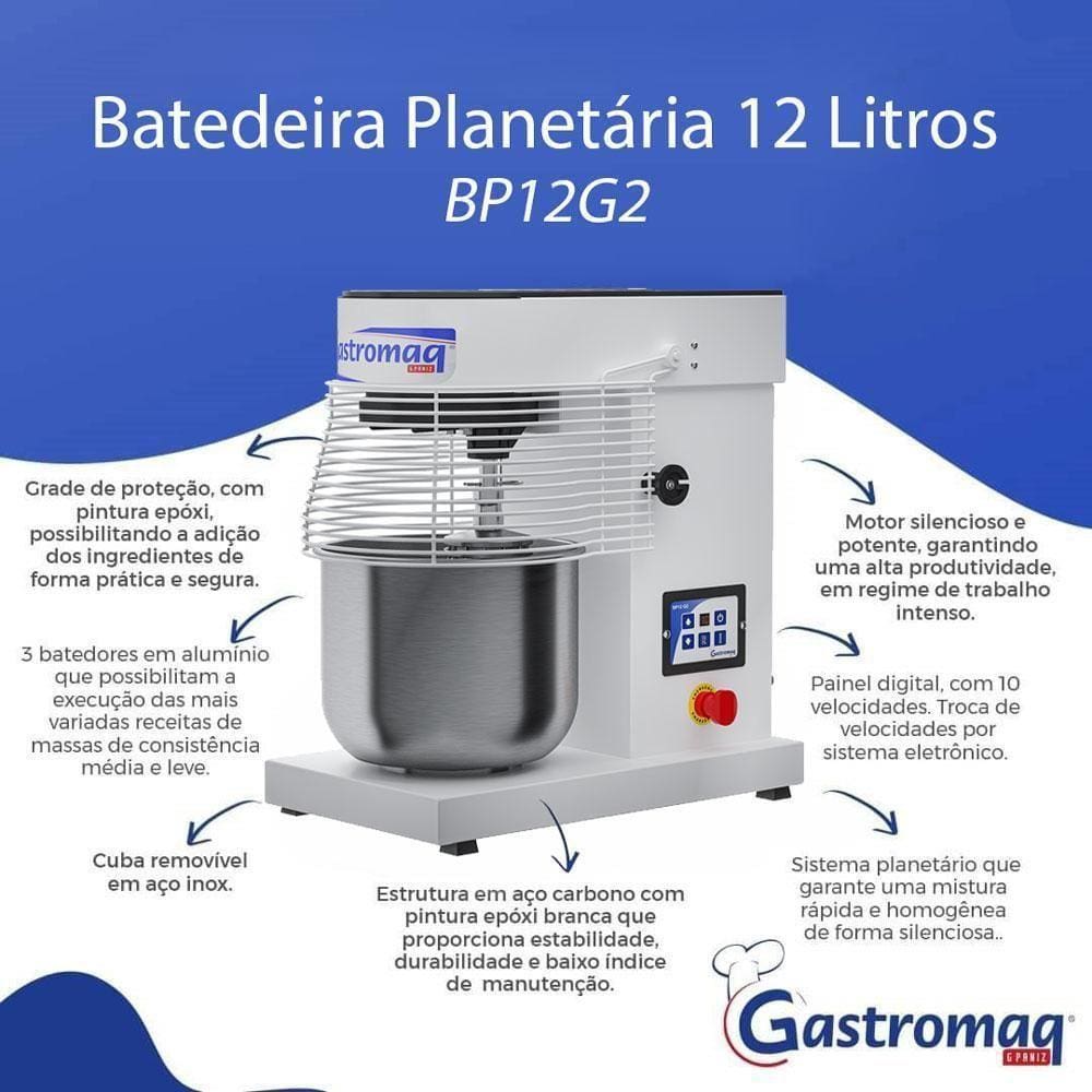Batedeira Planetária Profissional 10 Velocidades 12 Litros Digital Bp12 G2 Bivolt - Gastromaq