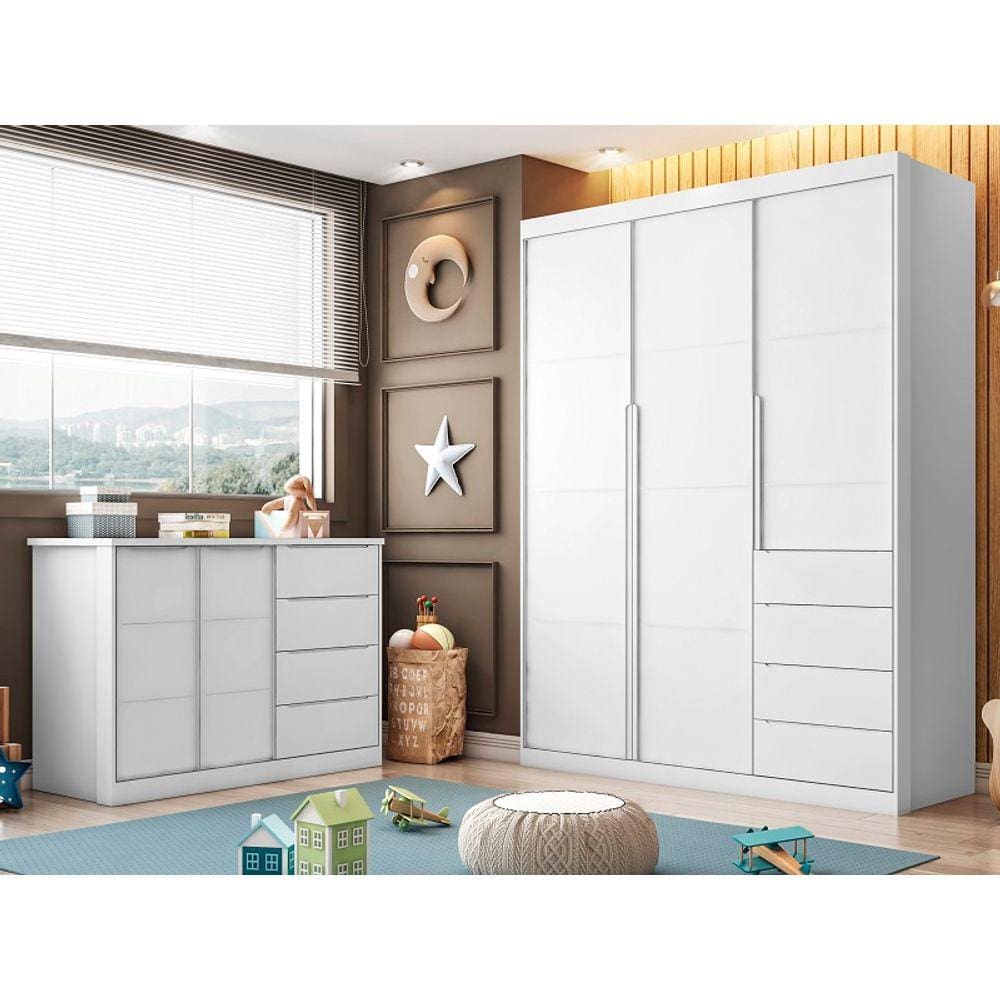 Jogo de quarto Pérola com guarda roupa 3 portas e 4 gavetas + cômoda 2 portas e 4 gavetas - Branco - Phoenix Baby