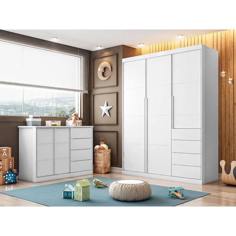 Quarto completo com Guarda Roupa 3 Portas e 4 Gavetas + Cômoda 2 Portas e 4 Gavetas Pérola Branco - Phoenix Baby