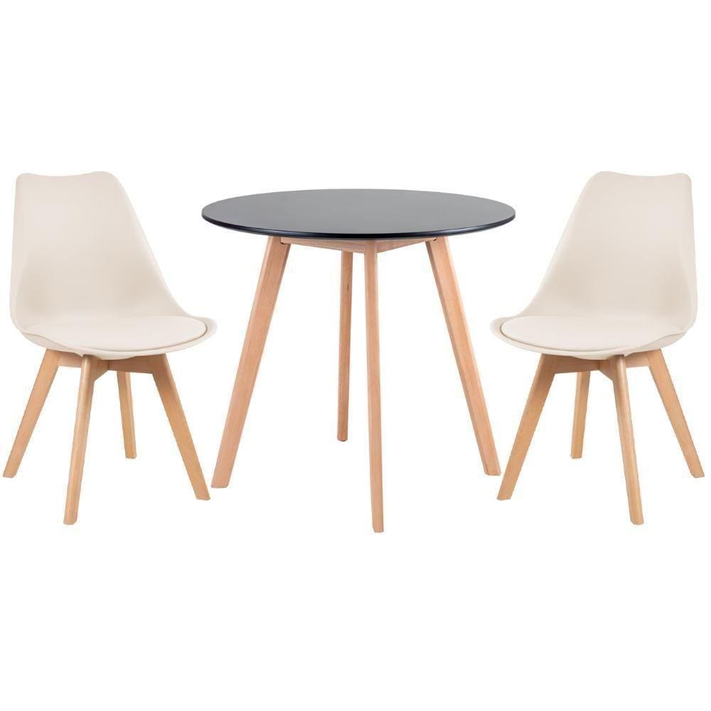 Mesa Redonda 80cm Preto + 2 Cadeiras Creme