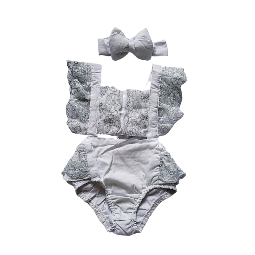 Romper Luxo Rendado Branco e Prata