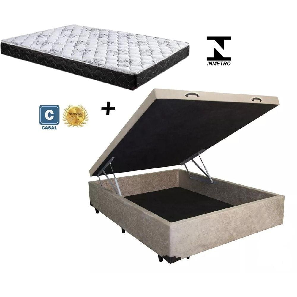 Cama Box Baú Casal Conforto Suede Bege + Colchão Casal Conforto Espuma D33 24x138x188